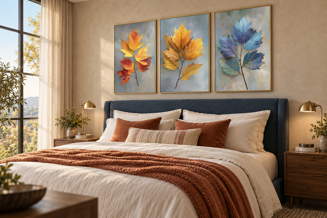 Set of 3 botanical canvas prints featuring autumn leaves in orange, gold, and blue over a bed.