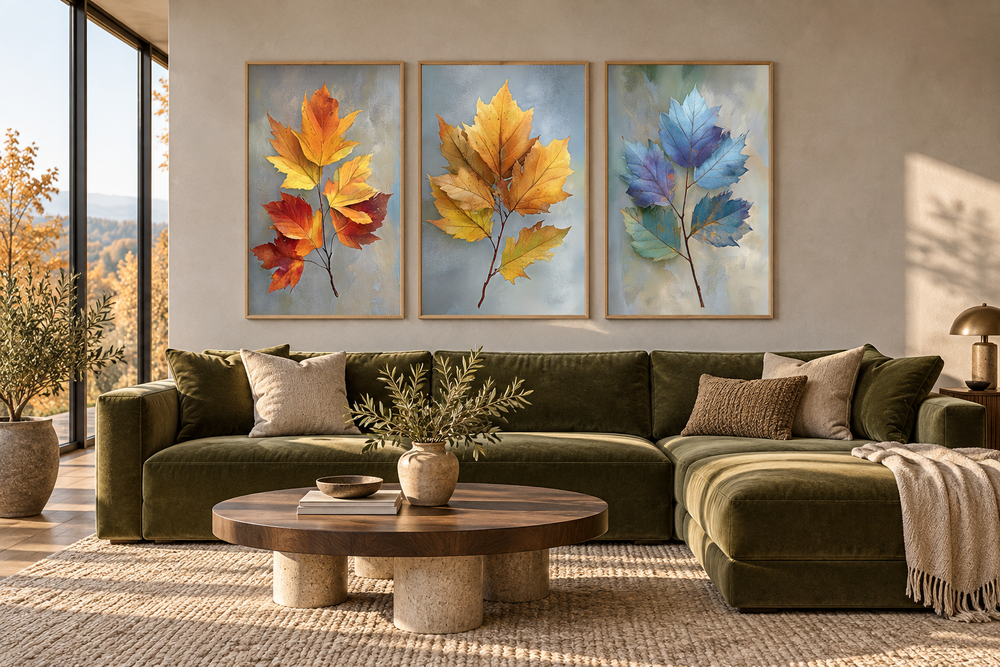 Set of 3 botanical wall art prints featuring colorful autumn leaves in orange, yellow, and blue.