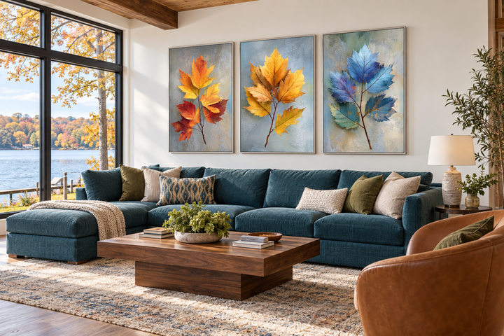 Set of 3 botanical canvas prints featuring colorful autumn leaves in orange, yellow, and blue.