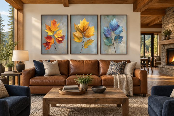 Set of 3 botanical wall art prints featuring colorful autumn leaves in orange, yellow, and blue.