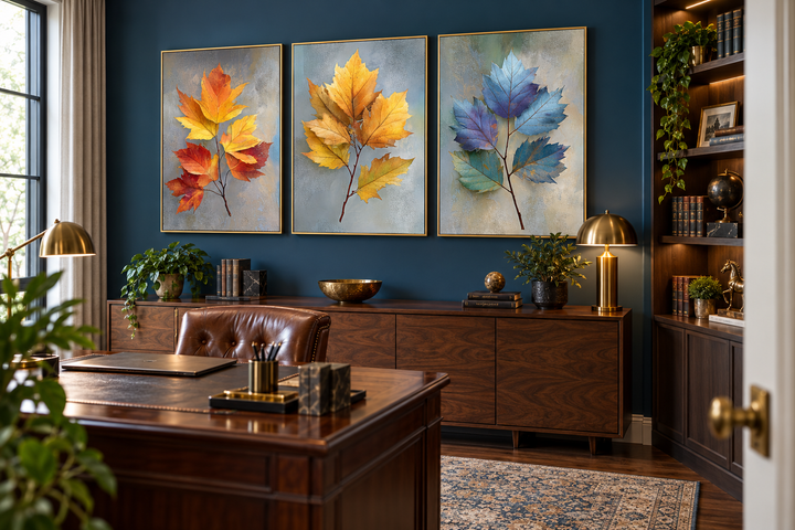 Set of 3 botanical wall art prints featuring colorful autumn leaves in gold frames on a blue wall.