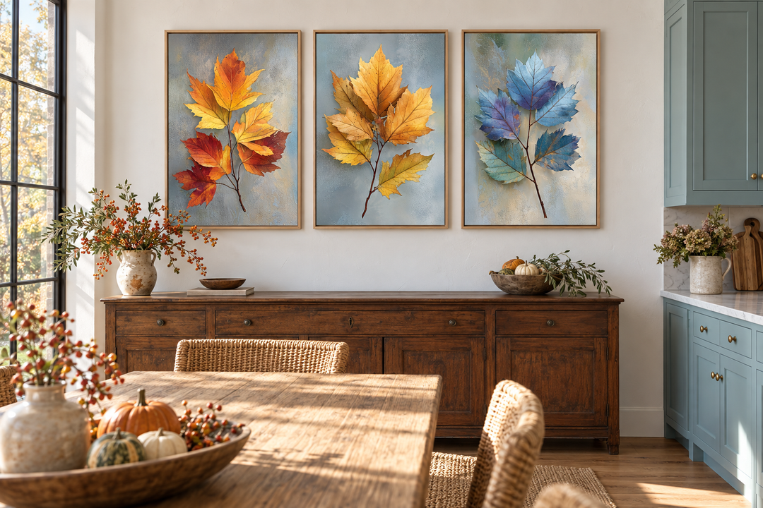 Set of 3 botanical wall art prints featuring colorful autumn leaves in orange, gold, and blue.