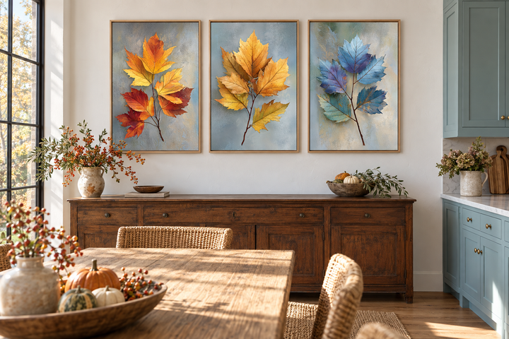 Set of 3 botanical wall art prints featuring colorful autumn leaves in orange, gold, and blue.