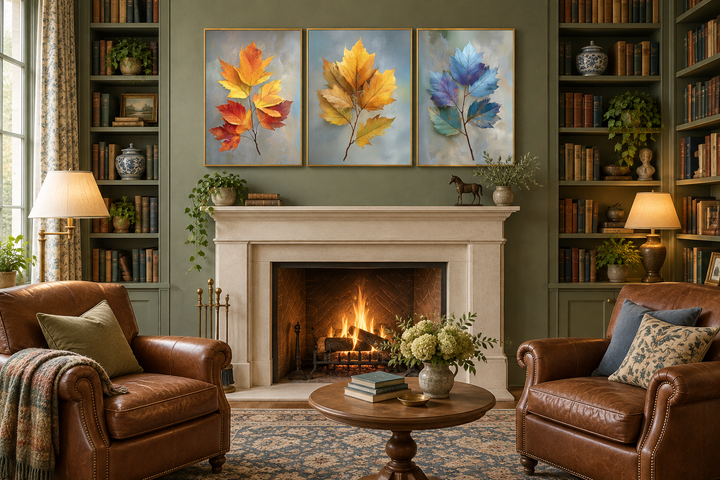 Set of 3 botanical canvas prints featuring colorful autumn leaves in orange, gold, and blue hues.
