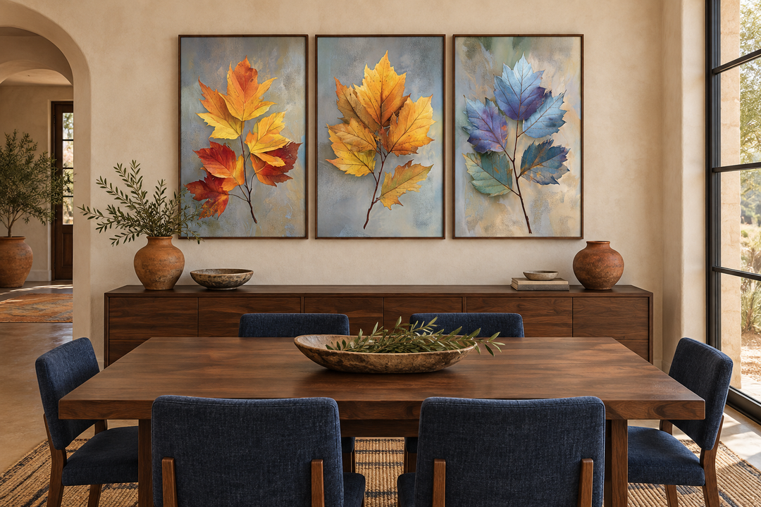Set of 3 botanical wall art prints featuring colorful autumn leaves in a dining room setting.