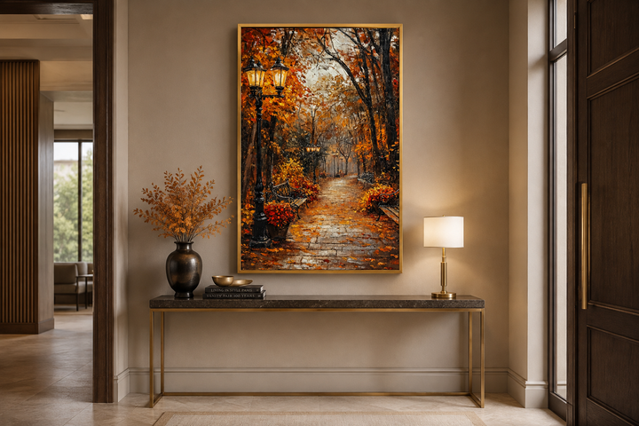 Autumn Street In The Park Framed Canvas Wall Art featuring fall foliage and park lanterns.