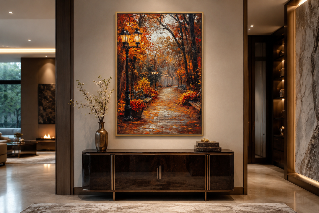 Autumn Street In The Park Framed Canvas Wall Art featuring a park path with lanterns and fall leaves.