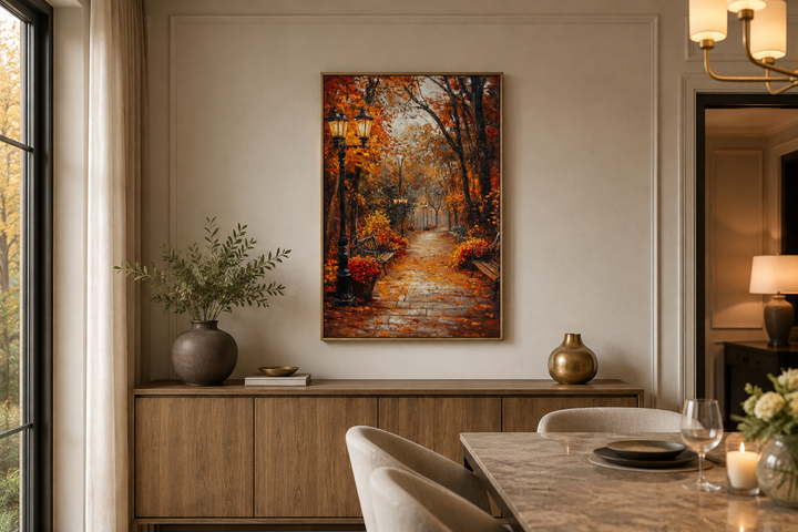 Autumn Street In The Park Framed Canvas Wall Art hanging above a wooden sideboard in a dining room.