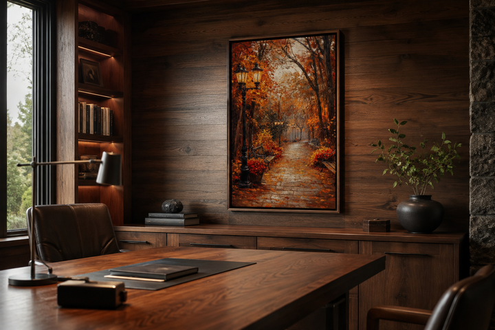 Autumn Street In The Park Framed Canvas Wall Art hanging in a wood-paneled office.
