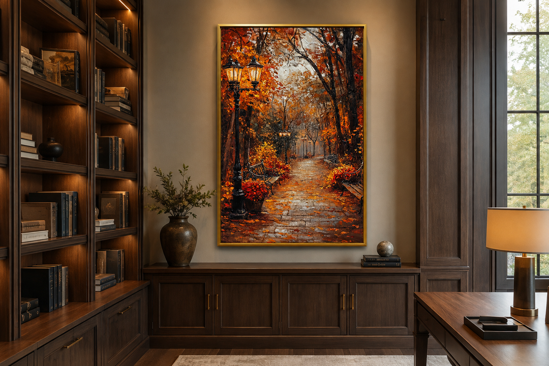 Autumn Street In The Park Framed Canvas Wall Art hanging in a dark wood paneled library.