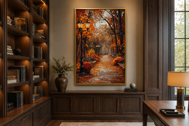 Autumn Street In The Park Framed Canvas Wall Art hanging in a dark wood paneled library.