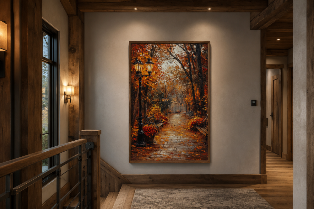 Autumn Street In The Park Framed Canvas Wall Art hanging in a rustic hallway with wooden accents.
