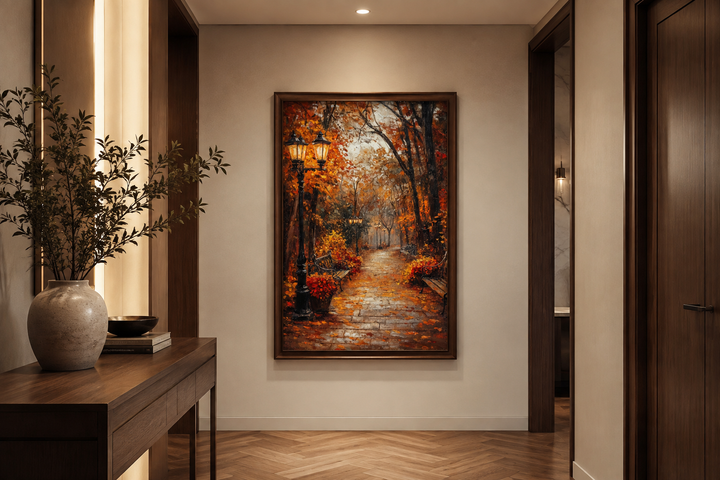 Autumn Street In The Park Framed Canvas Wall Art featuring fall foliage and park lanterns.