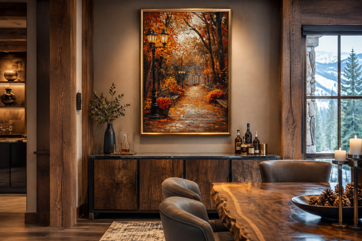 Autumn Street In The Park Framed Canvas Wall Art hanging in a rustic dining room.
