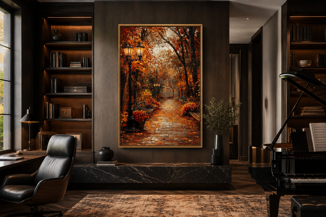 Autumn Street In The Park Framed Canvas Wall Art hanging in a dark, modern study with a piano.