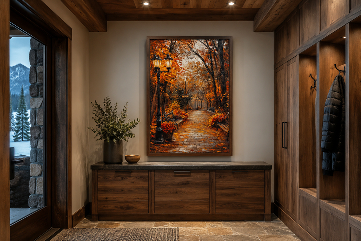 Autumn Street In The Park Framed Canvas Wall Art hanging in a rustic entryway above a wooden console.