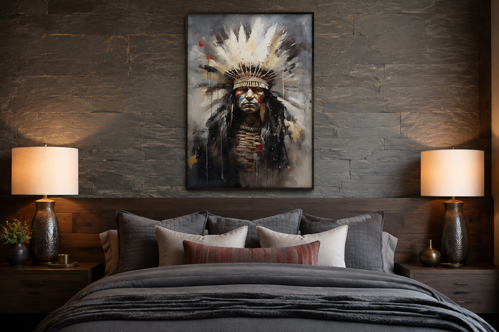 Aztec Chief Southwestern framed canvas wall art hanging above a bed in a modern bedroom.