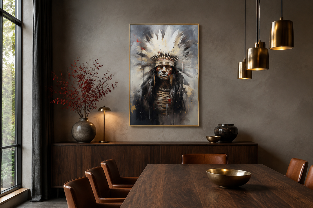 Aztec Chief Southwestern framed canvas wall art hanging in a modern dining room.