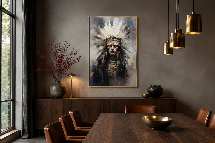 Aztec Chief Southwestern framed canvas wall art hanging in a modern dining room.