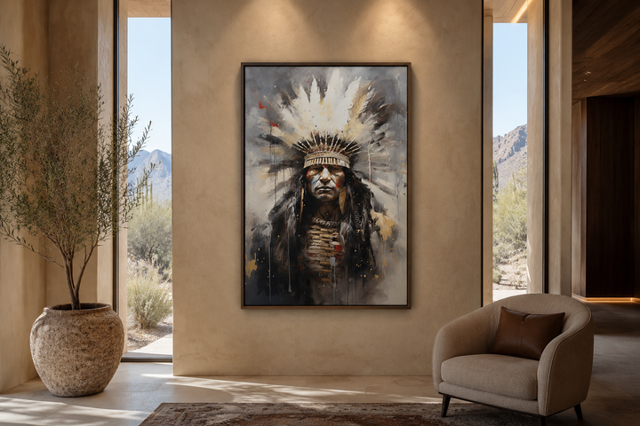 Aztec Chief Southwestern framed canvas wall art of an Indigenous warrior in a modern living room.