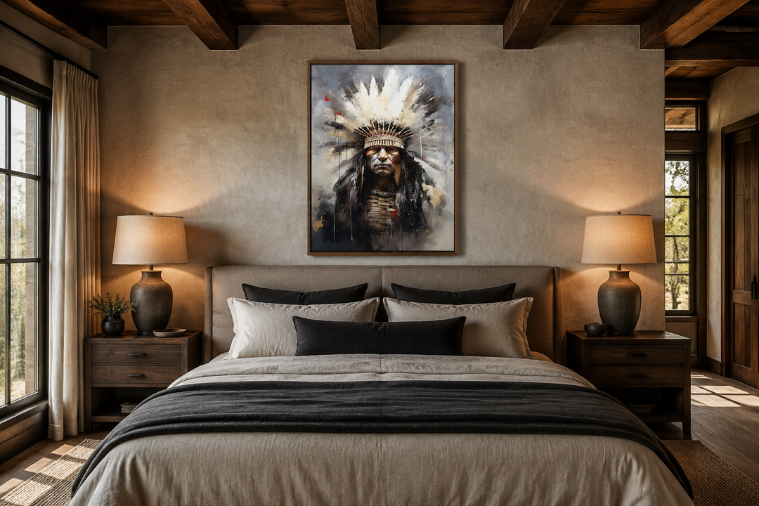 Aztec Chief Southwestern Framed Canvas Wall Art hanging above a bed in a rustic bedroom.
