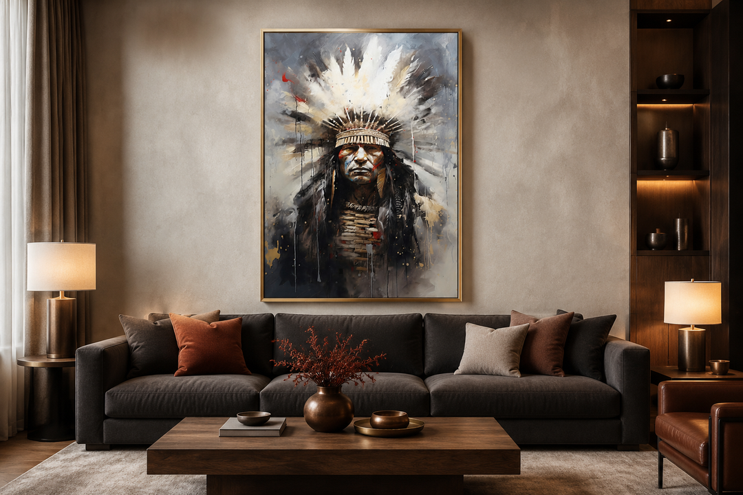 Aztec Chief Southwestern framed canvas wall art hanging above a dark sofa in a modern living room.