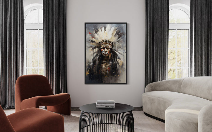 Aztec Chief Southwestern Framed Canvas Wall Art hanging in a modern living room.