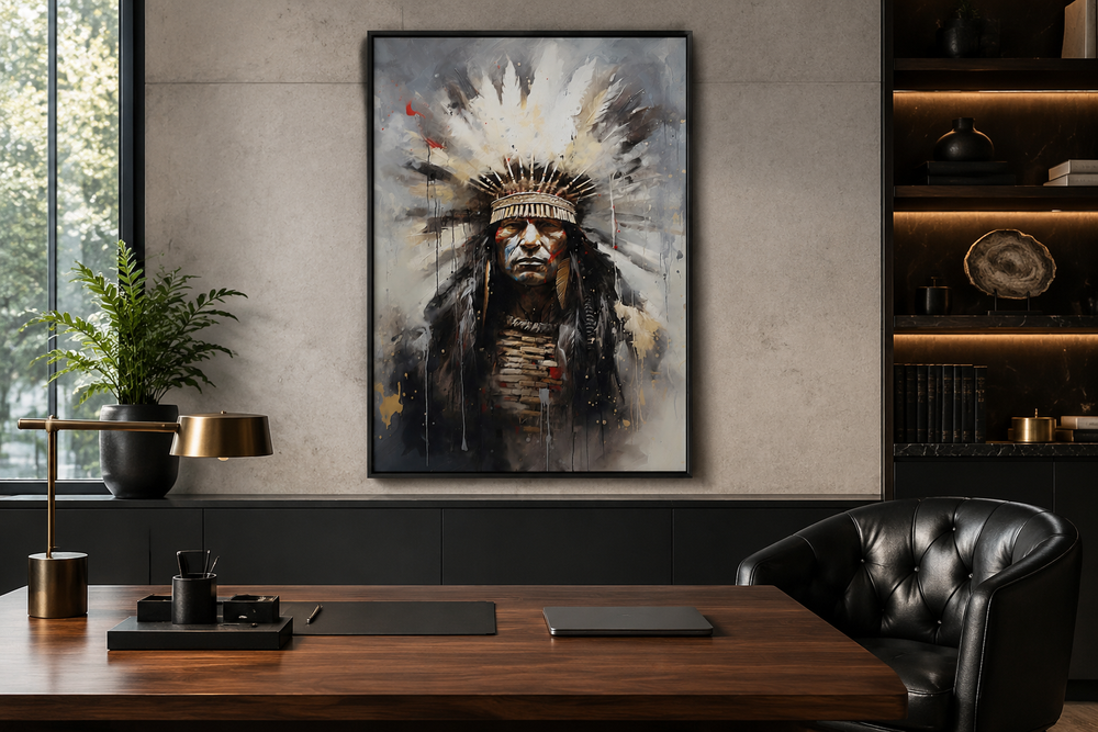 Aztec Chief Southwestern framed canvas wall art hanging in a modern office above a wooden desk.