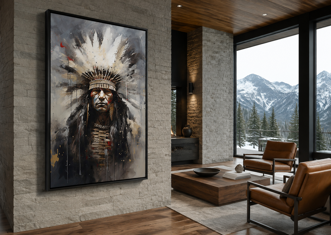 Aztec Chief Southwestern framed canvas wall art featuring an Indigenous warrior in a headdress.