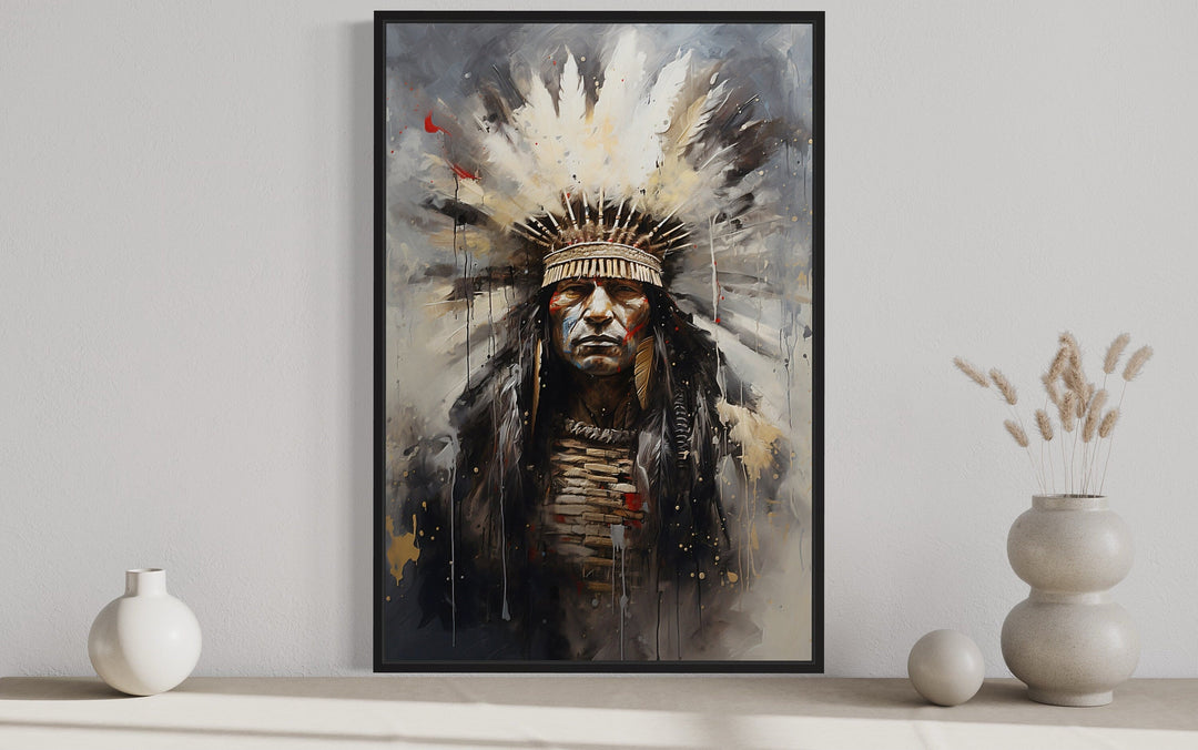Aztec Chief Southwestern framed canvas wall art featuring an Indigenous warrior in a headdress.