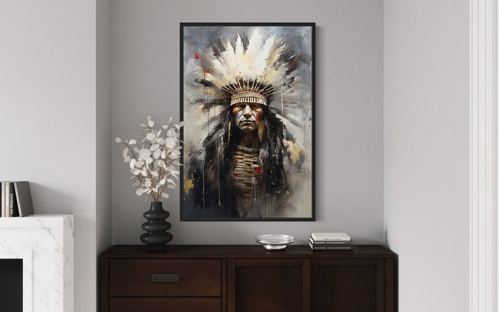 Aztec Chief Southwestern framed canvas wall art featuring an Indigenous warrior in a headdress.
