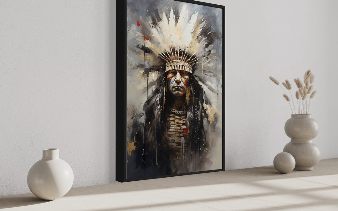Aztec Chief Southwestern framed canvas wall art featuring an Indigenous warrior in a headdress.