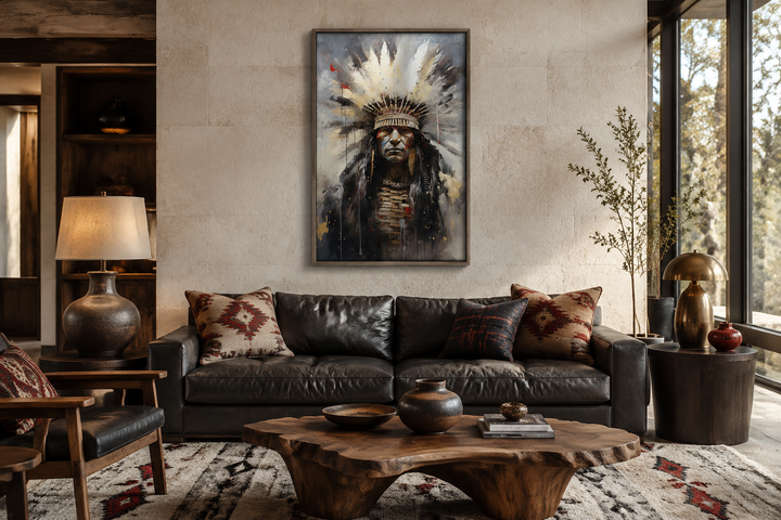 Aztec Chief Southwestern framed canvas wall art hanging above a leather sofa in a rustic room.