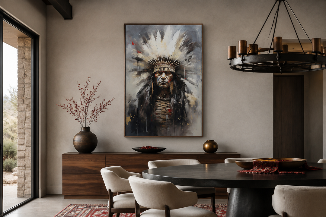 Aztec Chief Southwestern framed canvas wall art featuring an Indigenous warrior in a headdress.