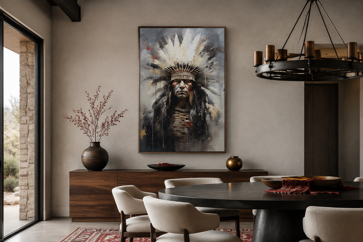 Aztec Chief Southwestern framed canvas wall art featuring an Indigenous warrior in a headdress.