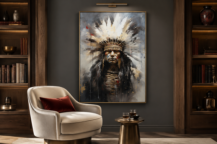 Aztec Chief Southwestern framed canvas wall art featuring an Indigenous warrior in a headdress.