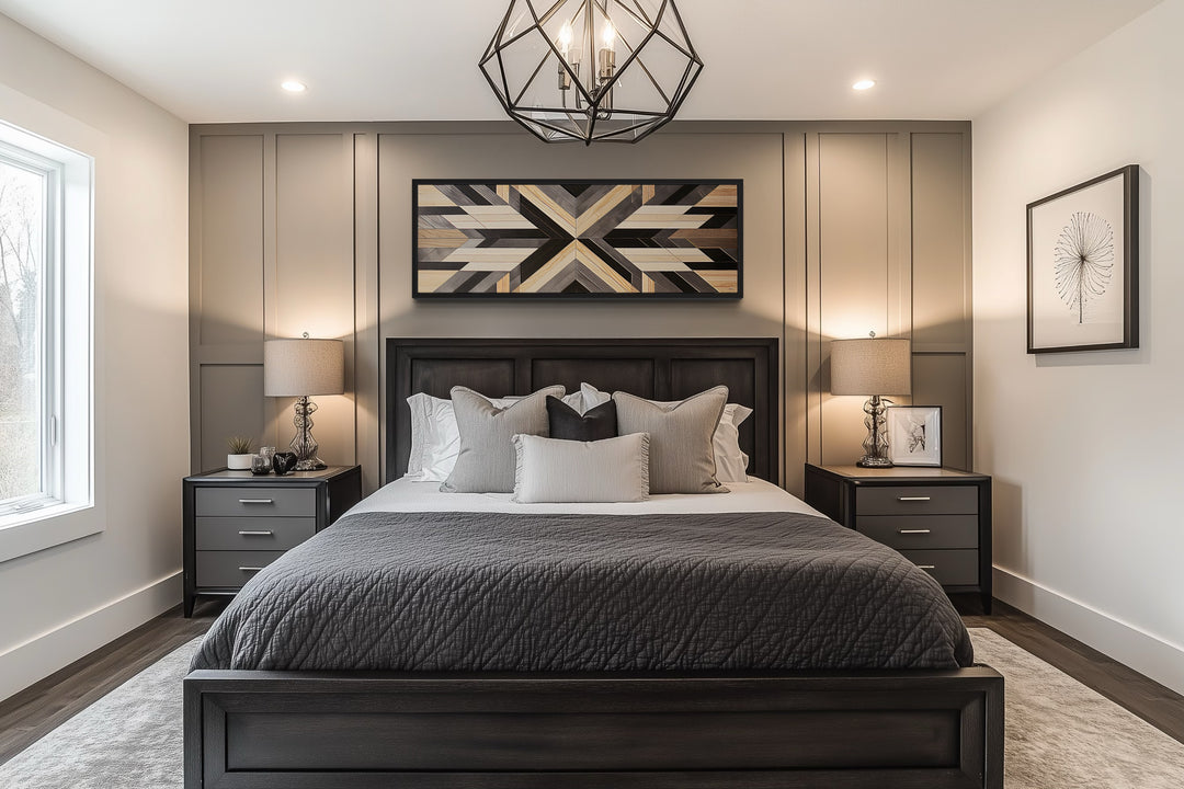 Aztec inspired horizontal wood painting canvas wall art with geometric design above a bed.