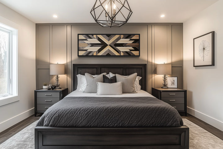 Aztec inspired horizontal wood painting canvas wall art with geometric design above a bed.
