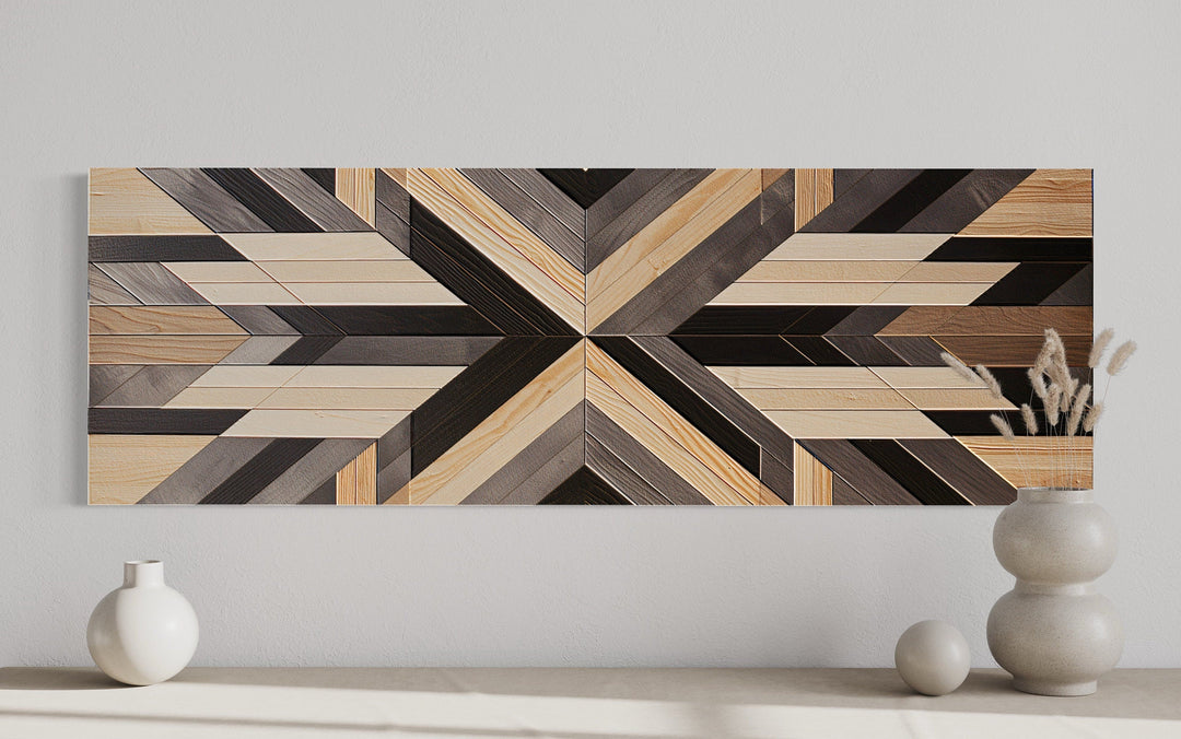 Horizontal Southwestern canvas wall art with a geometric Aztec-inspired wood panel pattern.