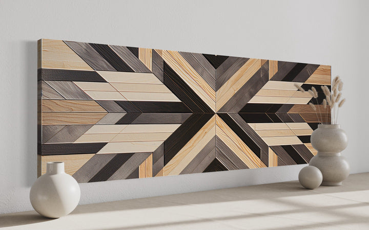 Horizontal canvas wall art with a geometric Aztec-inspired wood panel pattern in neutral tones.