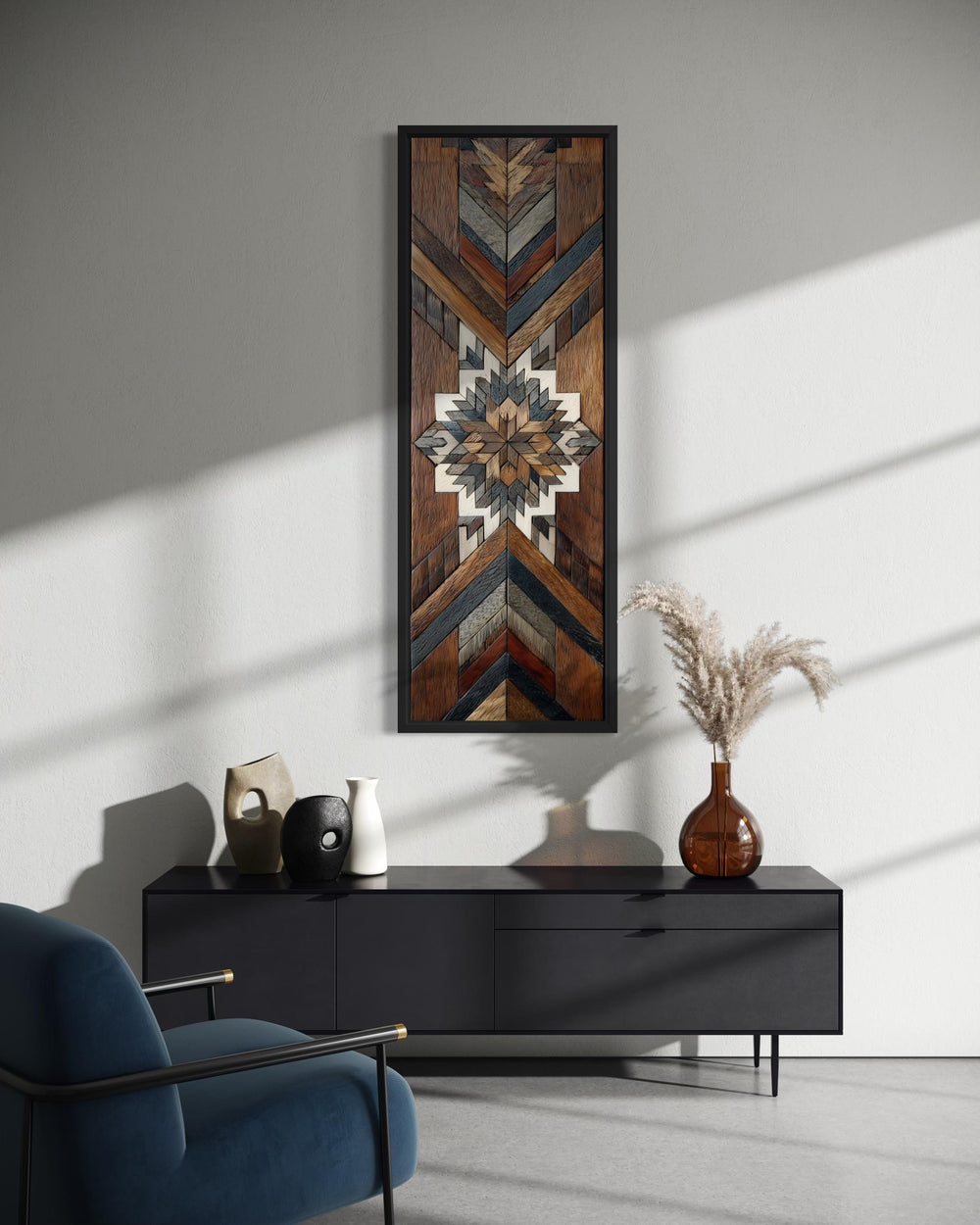 Tall narrow canvas wall art featuring a geometric Aztec-style wood mosaic pattern in earthy tones.