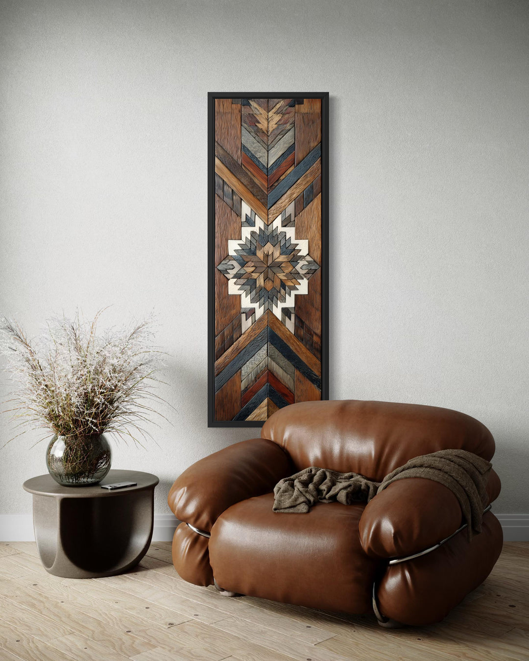 Tall narrow canvas wall art featuring a geometric Aztec-style wood mosaic pattern in earthy tones.
