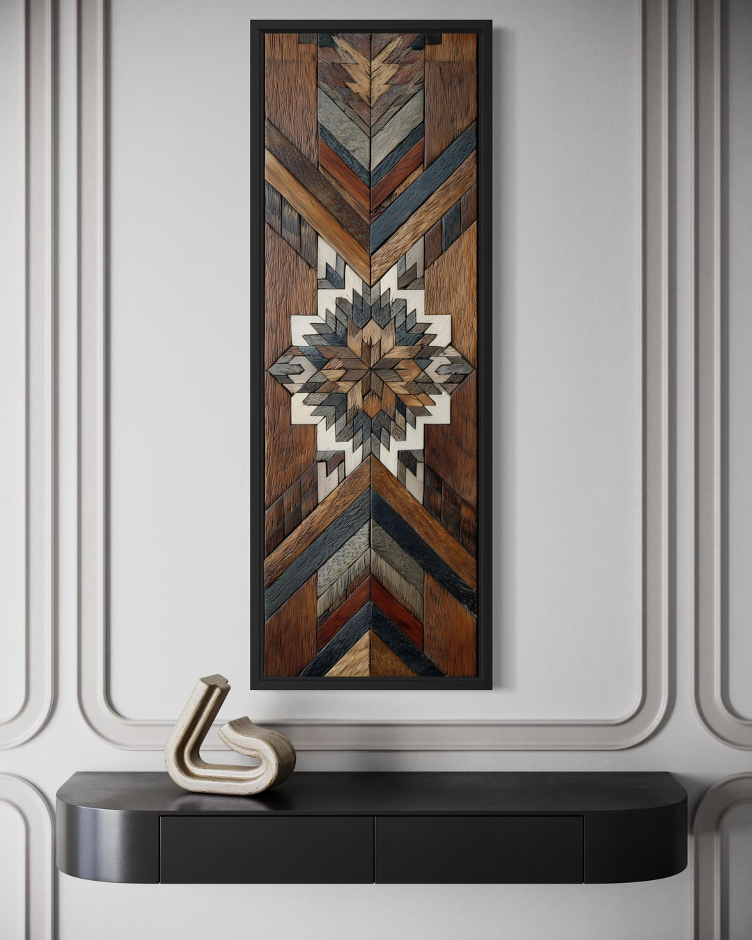 Tall narrow canvas wall art featuring a geometric Aztec-style wood mosaic pattern in earthy tones.