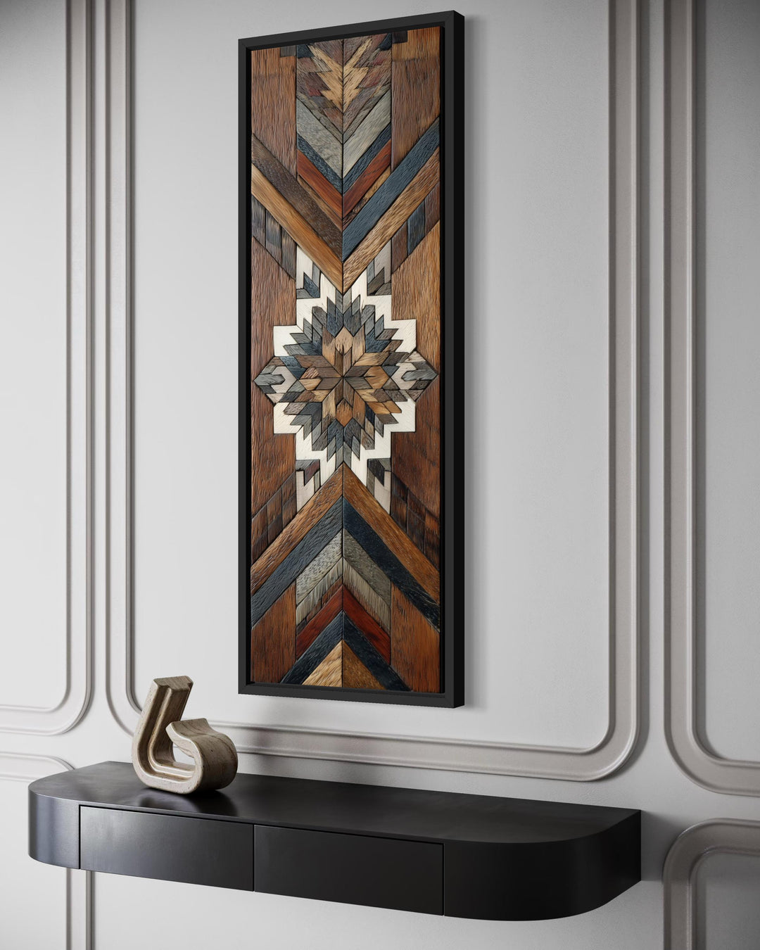 Tall narrow canvas wall art featuring a geometric Aztec-style wood mosaic pattern in earthy tones.
