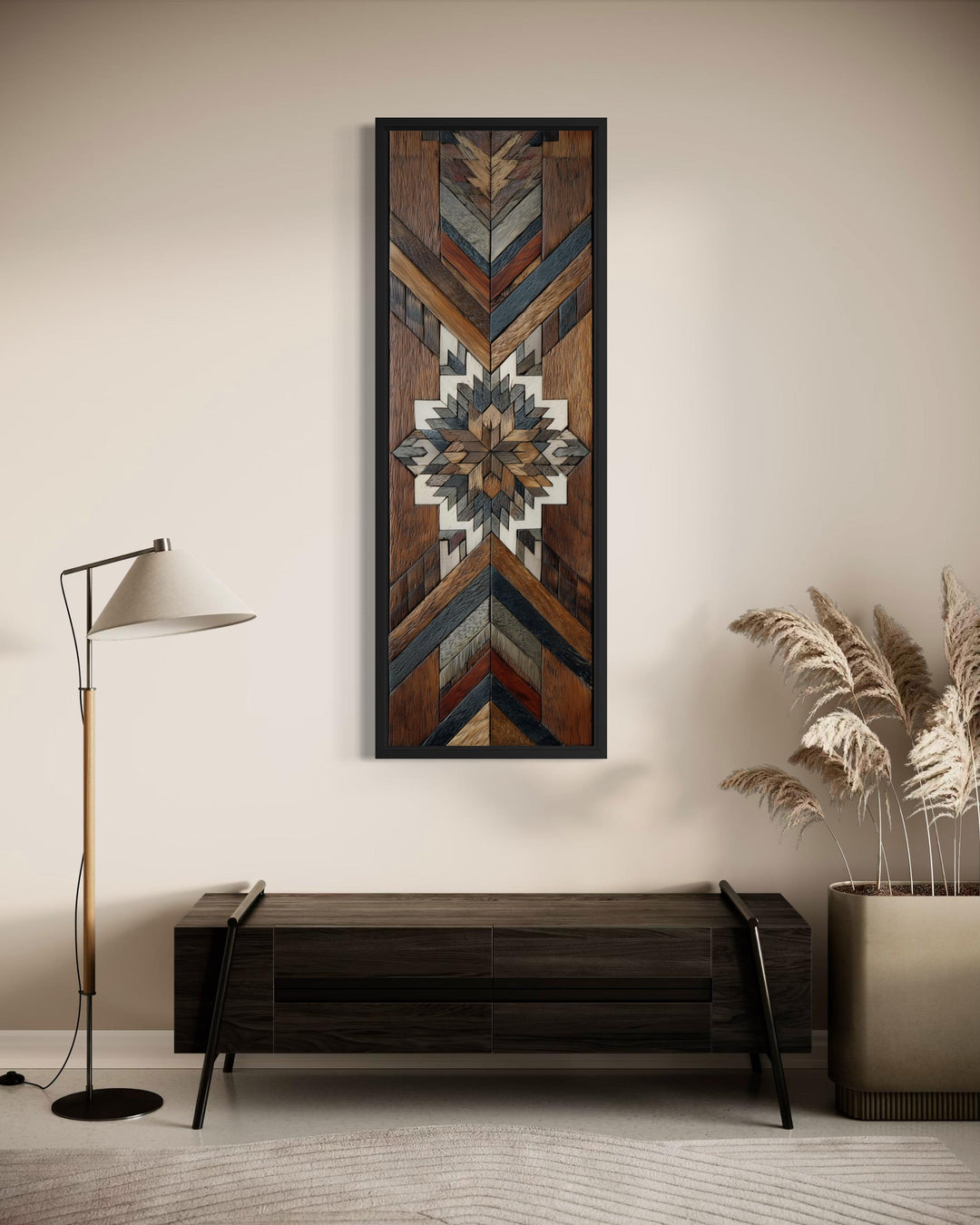 Tall narrow canvas wall art featuring a geometric Aztec-style wood mosaic pattern in earthy tones.
