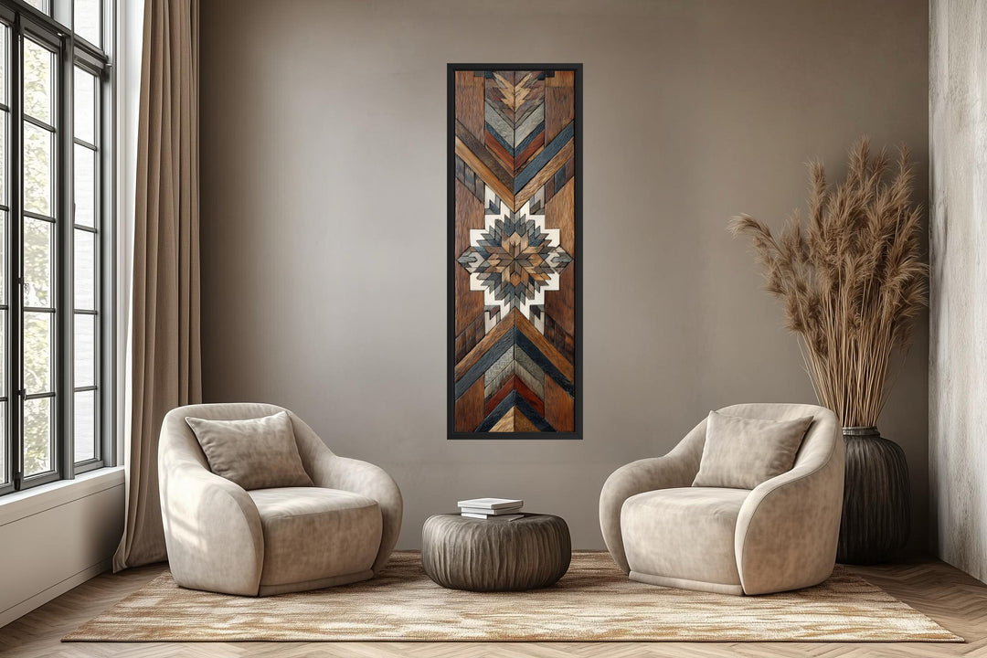 Tall narrow canvas wall art featuring a geometric Aztec-style wood mosaic design in earthy tones.