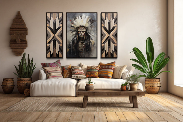Aztec Wall Art - Set of 3 Rustic Canvas Prints Featuring Aztec Chief & Geometric Panels