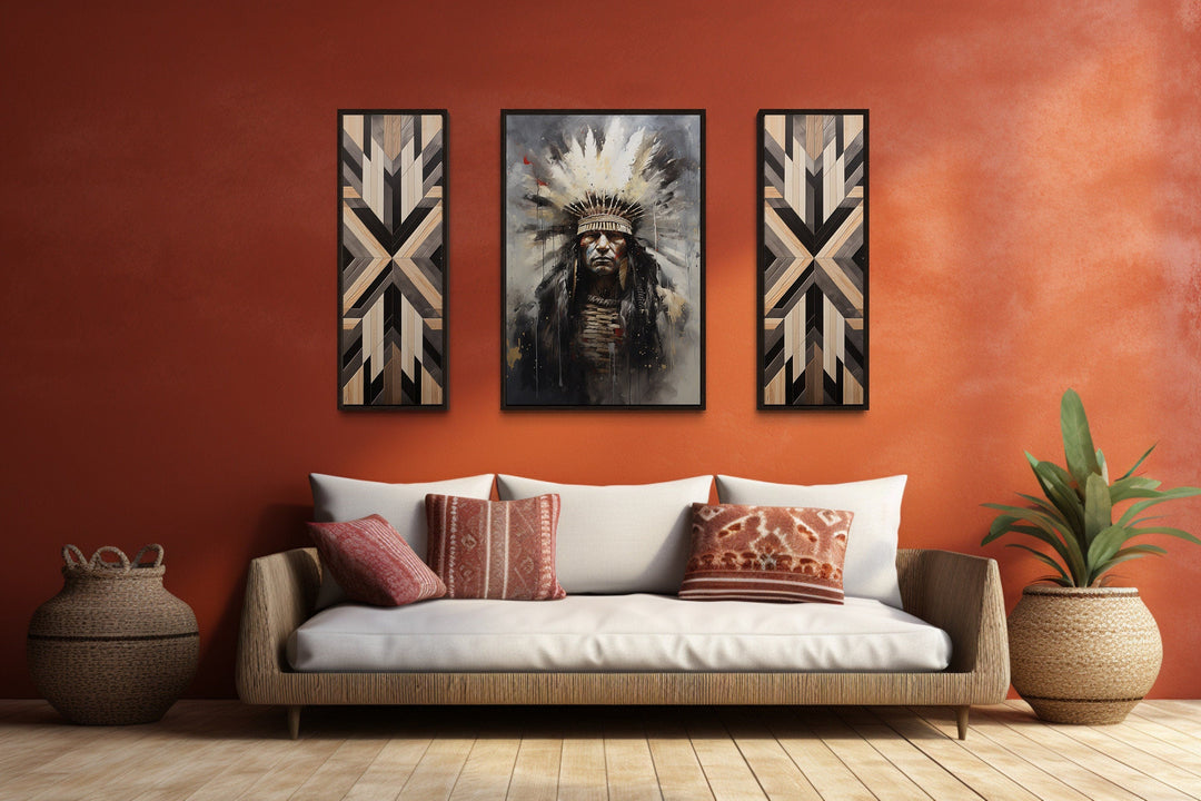 Aztec Wall Art - Set of 3 Rustic Canvas Prints Featuring Aztec Chief & Geometric Panels