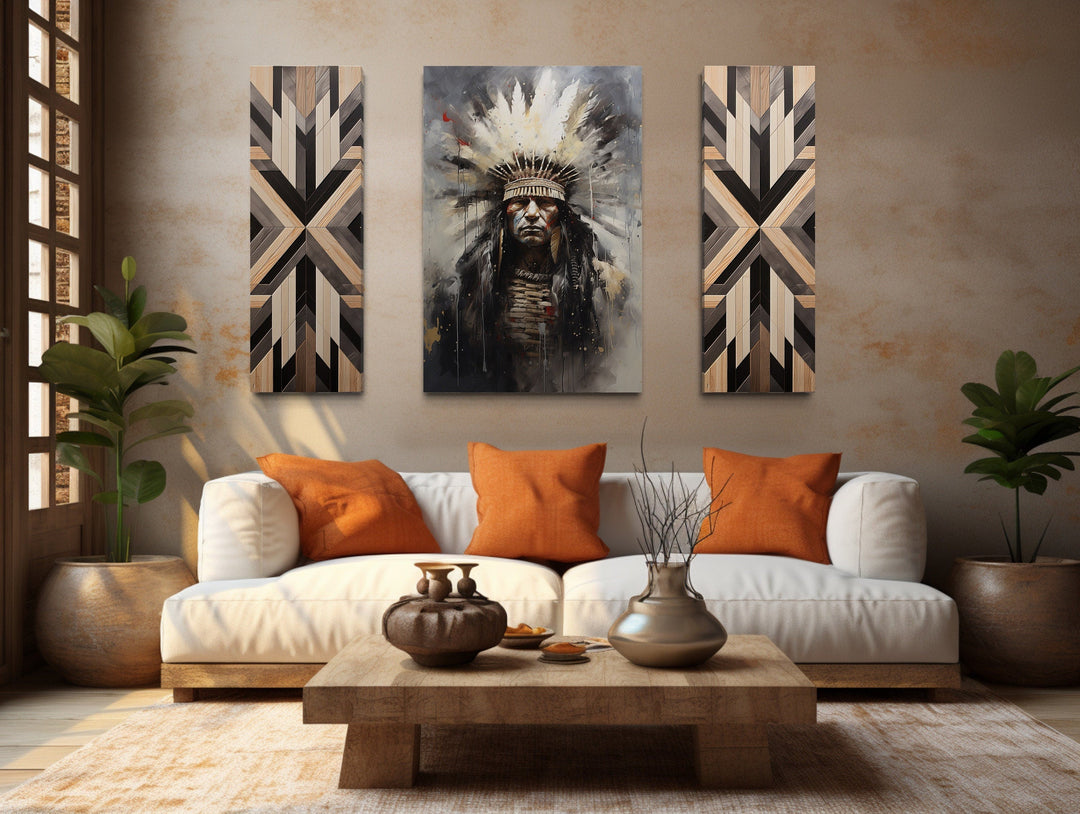 Aztec Wall Art - Set of 3 Rustic Canvas Prints Featuring Aztec Chief & Geometric Panels