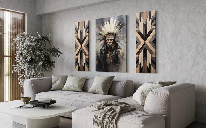 Aztec Wall Art - Set of 3 Rustic Canvas Prints Featuring Aztec Chief & Geometric Panels